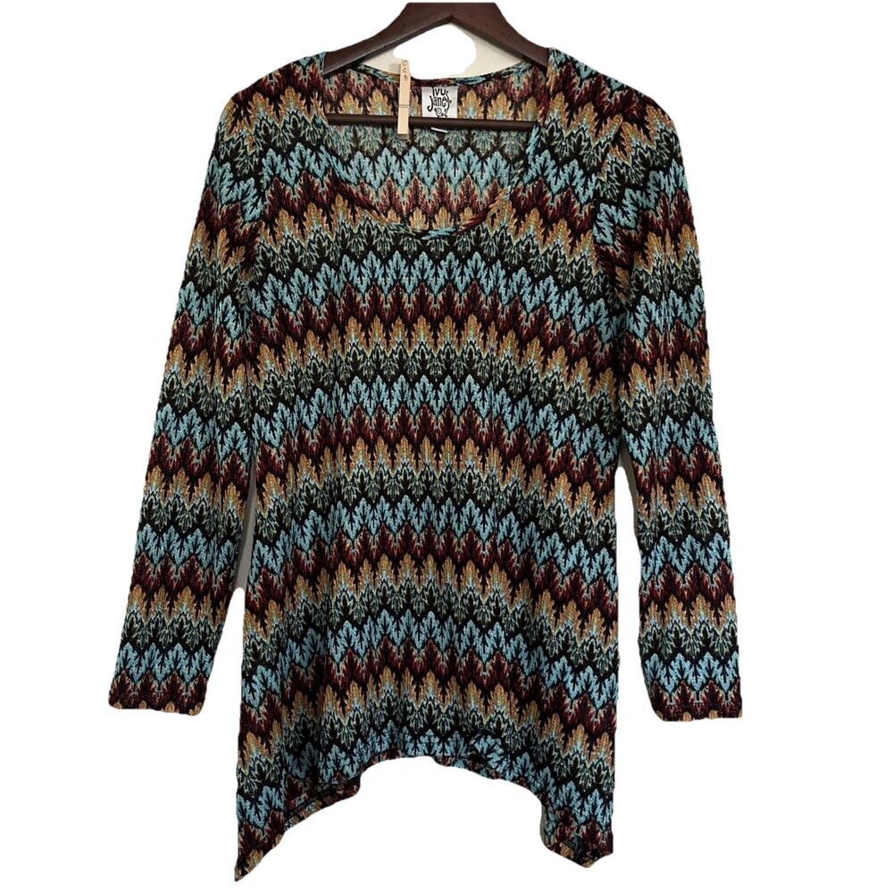 Ivy Jane Long Sleeve Knit Shark bite Round Neck Retro Boho Top SZ L